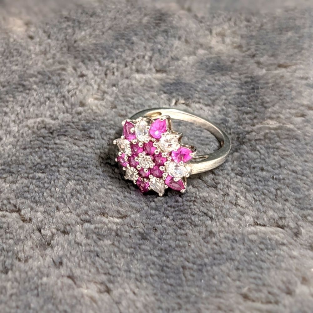 Vintage Pink & White Cubic Zirconia Ring Rhodium Plated - Picture 12 of 13
